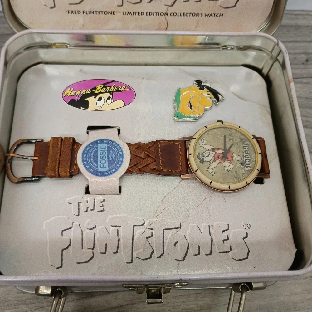 Vintage Fossil Fred Flintstone Watch Limited Edition Braided Strap & Tin 1993